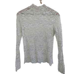 Lew Magram Women Sz M Silver Cream Sheer Lace Top Long Sleeve Layering Elegant